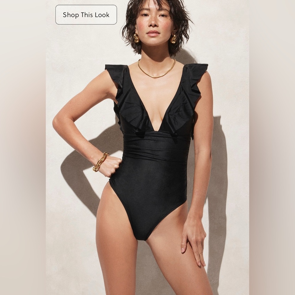 J. Crew Black Ruched ruffle one-piece swimsuit